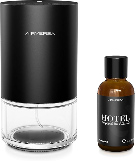Airversa Essential Oil Diffuser Waterless Aromatherapy Diffusers for Home Large Room, Bedroom, Car, Office, Desk, Battery Operated, Small Diffuser for Pure Scent, 100mL Capacity, AN9 Black Starter Kit