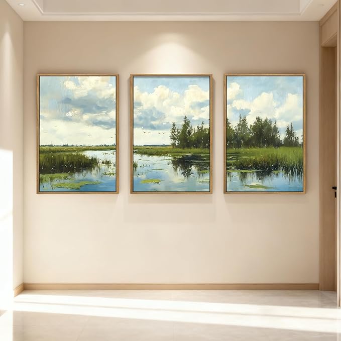 BINCUE Framed Green Nature Wall Art Lake Scenery Wall Decor Landscape Art Print for Living Room Bedroom Office 16 x24 Inches Set of 3