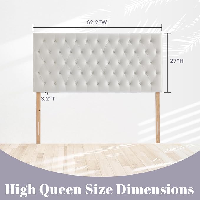 Kingfun Upholstered Queen Headboard Only, Premium Velvet Button Tufted Headboards, Adjustable Solid Wood Head Board, Padded Headboard with Solid Wood Legs in Bedroom (White)