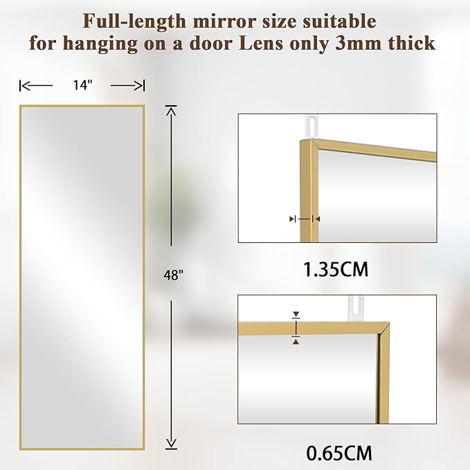 VooBang 14" x 48" Adjustable Height Over The Door Mirror - Rectangular Full Length Hanging Door Mirror with Shatterproof Tempered Glass Gold Metal Frame for Dormitory