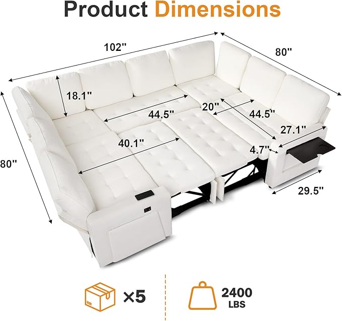 WEUP 8 Seat U Shaped Sectional Sleeper Sofa Bed with Pull Out Bed, Chenille Sectional Sleeper Couch with Adjustable Backrest, USB Ports, LED, Side Table, Tool-Free Assembly, Chenille Beige