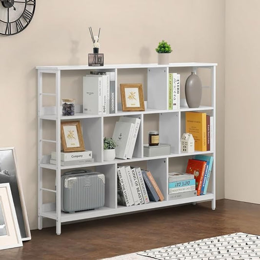 CAPHAUS 10 Cube Storage Organizer, 55” Wide 3 Tier White Industrial Open Shelf Bookcase, Display Shelf, Horizontal Bookshelf with Metal Frame, Wooden Board, for Living Room, Bedroom, Office
