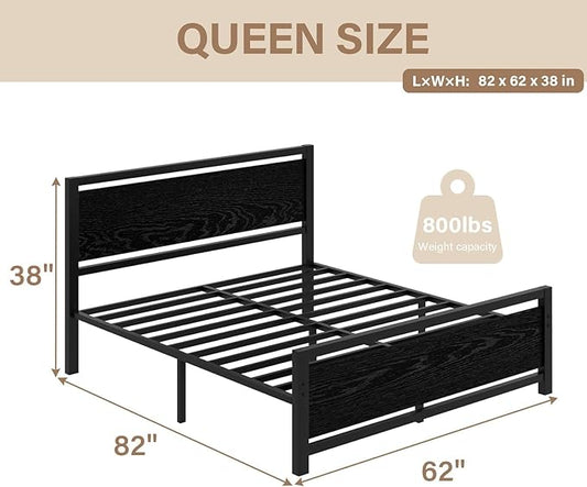 Queen Bed Frame with Headboard, Industrial Style Queen Size Bed Frames, Queen Size Bed Frame with Wooden Footboard, No Box Spring Needed, Noise-Free, Easy Assembly, Black