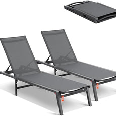 VEVOR 2 Pcs Chaise Lounge Chairs Outdoor, Aluminum Patio Lounge Chair with Adjustable 5-Position, Folding Pool Chairs Recliner and Full Flat Tanning Chair for Patio, Beach, Pool, Grey, 2 pcs