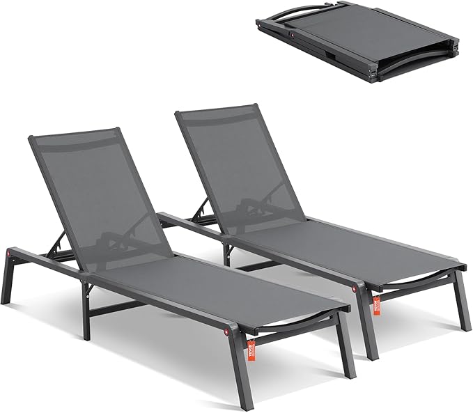VEVOR 2 Pcs Chaise Lounge Chairs Outdoor, Aluminum Patio Lounge Chair with Adjustable 5-Position, Folding Pool Chairs Recliner and Full Flat Tanning Chair for Patio, Beach, Pool, Grey, 2 pcs