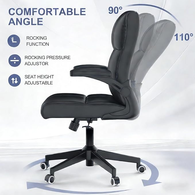 Ergonomic Home Office Chair with Space Saving Flip-Up Arms, 360° Swivel & Reclining Back, High-Back Executive Chair in Soft Faux Leather Chair Multi-Angle from 90° to 135° with 450LBS Capacity（Black）