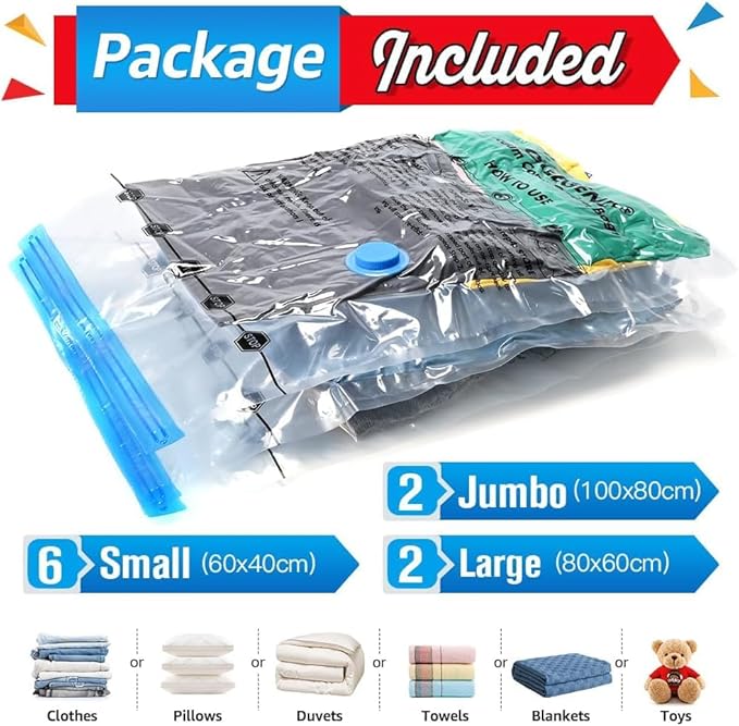 BoxLegend Vacuum Storage Bags 10 Combo Vacuum Pack Bags Space Saving Double Zipper Seal & Leak Valve Reusable for Clothes Pillow Comforters Bedding,2XL, 2L, 6S, 1 Large Pump