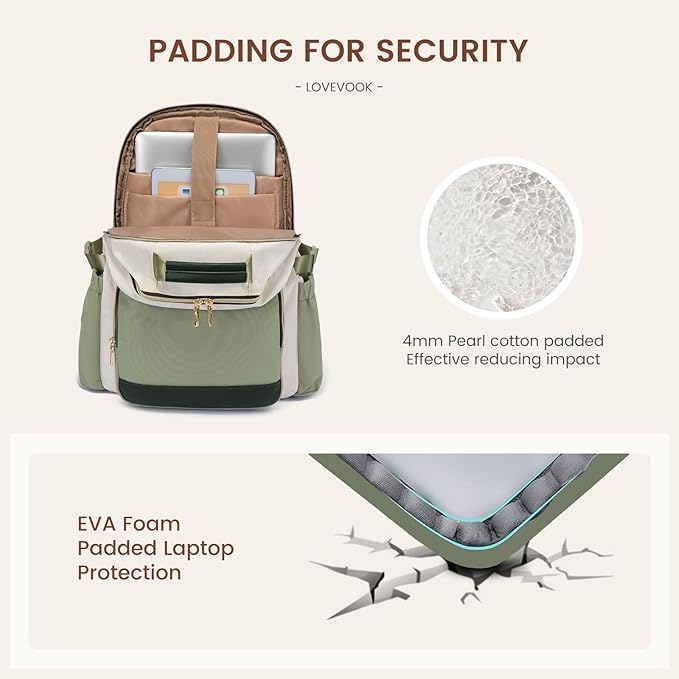 LOVEVOOK Laptop Backpack for Women with Pouch Pocket for Large Capacity Cup,17 Inch Laptop Computer Bag Travel Backpack Purse,Waterproof Work College Teacher Bags,White-Bean Green-Dark Olive Green