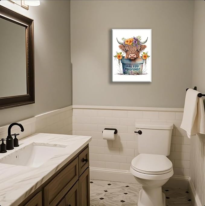 Jatinoo Highland Cow Decor Are You Pooping?Funny Bathroom Wall Art, Apartment Or Farmhouse Bathroom Decor Western & Highland Cow Lovers