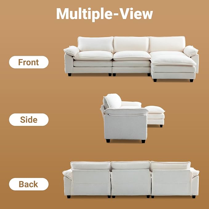 VINGLI 122" Cloud Teddy White Convertible Sectional Sofa, Comfy L-Shape Extra Deep Seat Sofa Couch for Living Room,Modern Chenille 3-Seat Convertible Sofa with Movable Ottoman for Small Space