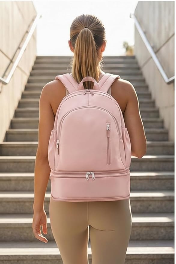 Unisex Lightweight Expandable Gym Backpack with Shoe Compartment, Waterproof Travel Bag for 14" Laptop Pink