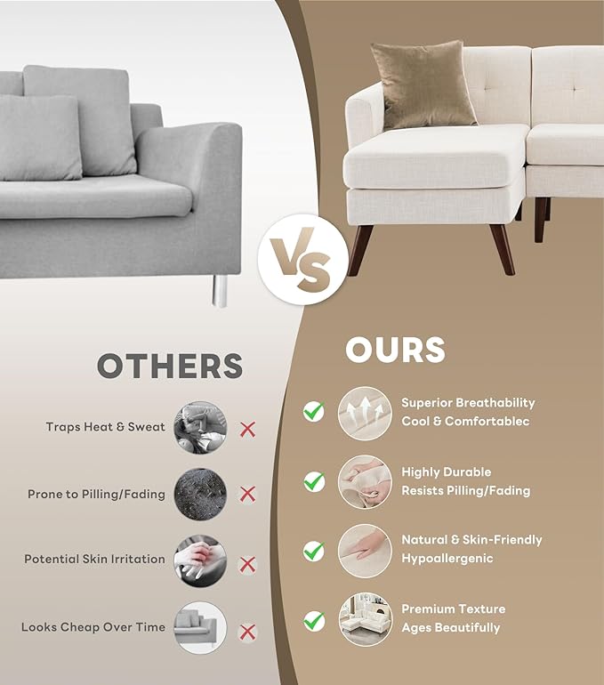 Tbfit L Shaped Couch Sofa, 80" W Mid-Century Modern Sectional Couches, 3 Seater Sofas with Wide Chaise Lounge, Button Tufted Upholstered Sectional Sofa for Living Room, Bedroom, Beige