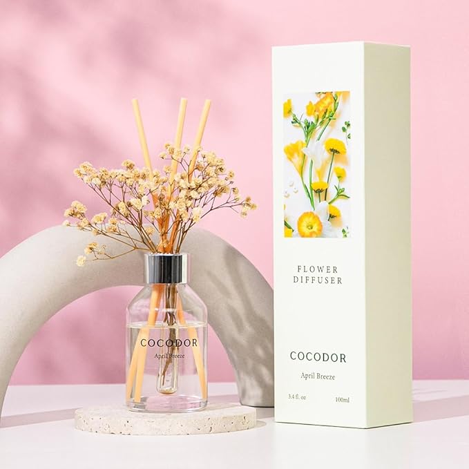 COCODOR Flower Reed Diffuser Set / 3.4oz / April Breeze/Scent Diffuser with Sticks Home Fragrance Reed Diffuser for Bathroom Shelf Decor