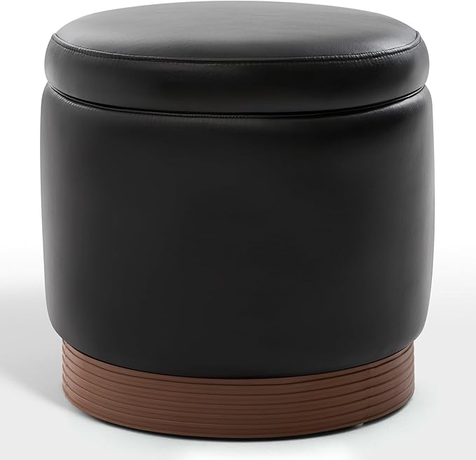 Round Storage Ottoman,Swivel Vanity Stool-Smooth Faux Leather Foot Rest,Footstool Pouf with Sturdy Acacia Wood Frame(500lbs),Small Coffee Table & Hidden Storage Ottoman for Living Room