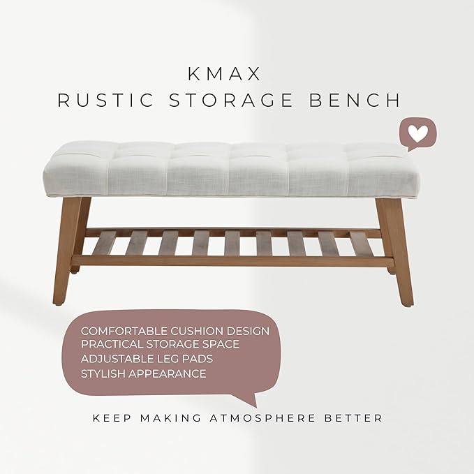 Kmax Entryway Bench with Shoe Storage, Upholstered Wood Storage Bench for Living Room Window Bench for Bedroom End of Bed - Linen, Beige