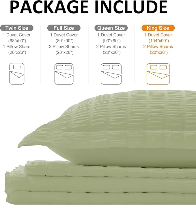 Cozyide Green Duvet Cover King Size, 3 Pieces Bedding Duvet Covers, Soft Breathable Seersucker Duvet Cover Set with Zipper Closure and Corner Ties (1 Duvet Cover 104"x90" + 2 Pillow Shams 20"x36")
