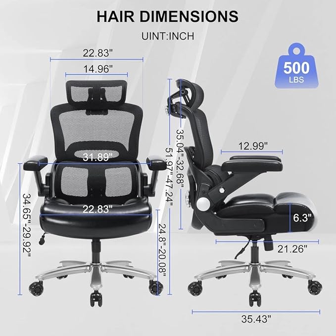 Ergonomic Office Chair:PU Leather Executive Office Computer Desk Chair with High Back Mesh and Adjustable Lumbar Support Rolling Work Swivel Task Chairs Home Meeting Computer Gaming Desk Chair-500Lbs