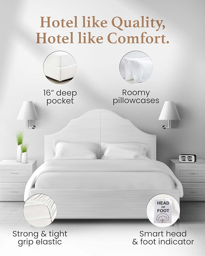 Good Sleep Bedding Split King Sheets Sets for Adjustable Bed Cotton, Luxury Sheets, Egyptian Cotton, 5 Piece 100% Cotton Split King Sheet Set, Sateen Sheets, 2 Fitted - 16" Deep Pocket, White GoodSleepBedding