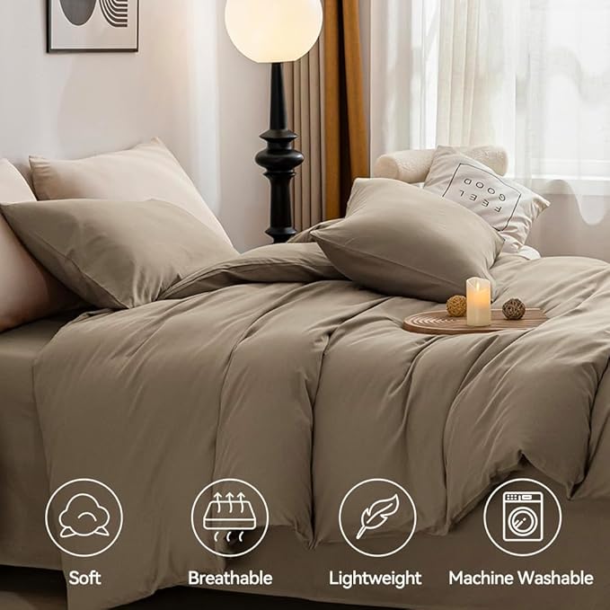 JELLYMONI Khaki Duvet Cover Full Size - 100% Washed Cotton Linen Feel Textured Comforter Cover, 3 Pieces Breathable Soft Bedding Set with Zipper Closure (Khaki, Full 80"x90")