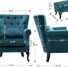 Mid Century Accent Chair with Ottoman Modern Button Tufted Armchair Wingback Club Chair Velvet Single Sofa Lounge Chair with Pillow for Living Room Bedroom, Teal Blue