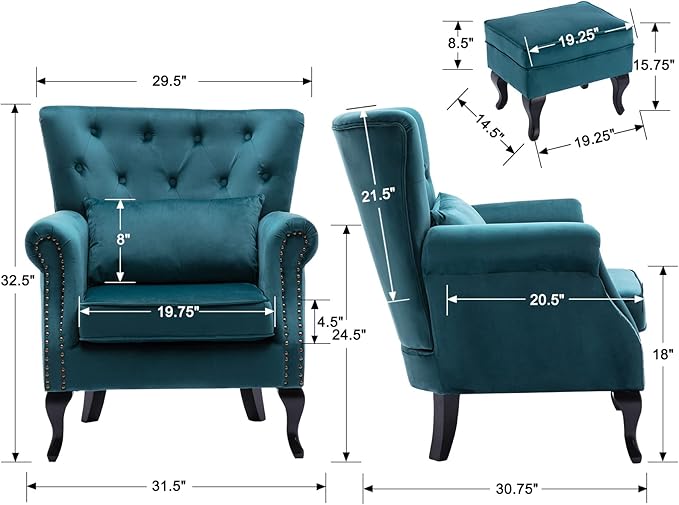 Accent Chairs with Ottoman Set of 2 Velvet Wingback Club Chair Upholstered Reading Chair Lounge Chairs with Wood Legs/Button Tufted Back for Bedroom Living Room, Teal Blue