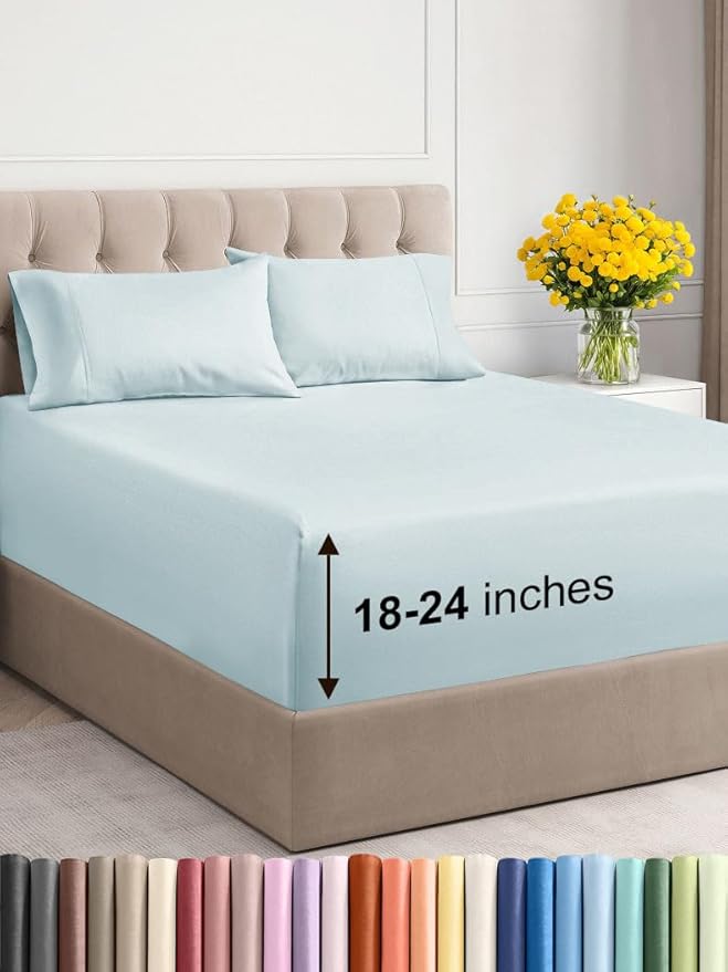 Extra Deep Twin Sheet Set - 4 Piece Breathable & Cooling Sheets - Hotel Luxury Bed Sheets Set - Easy & Secure Fit - Soft, Wrinkle Free & Comfy Sheets Set - Ice Blue Sheet Set with Extra Deep Pockets