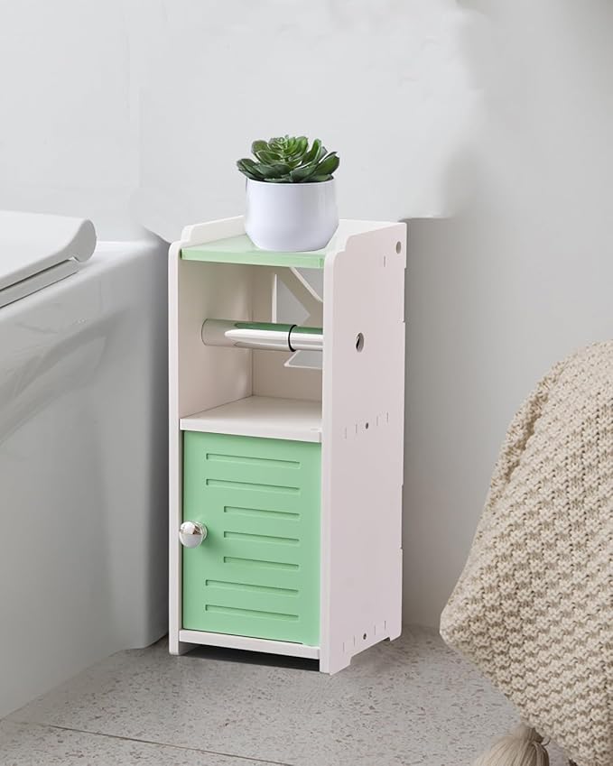 AOJEZOR Toilet Paper Holder Stand: Freestanding PVC Cabinet Storage for Small Bathroom Spaces for Homes and Renters-Mint Green