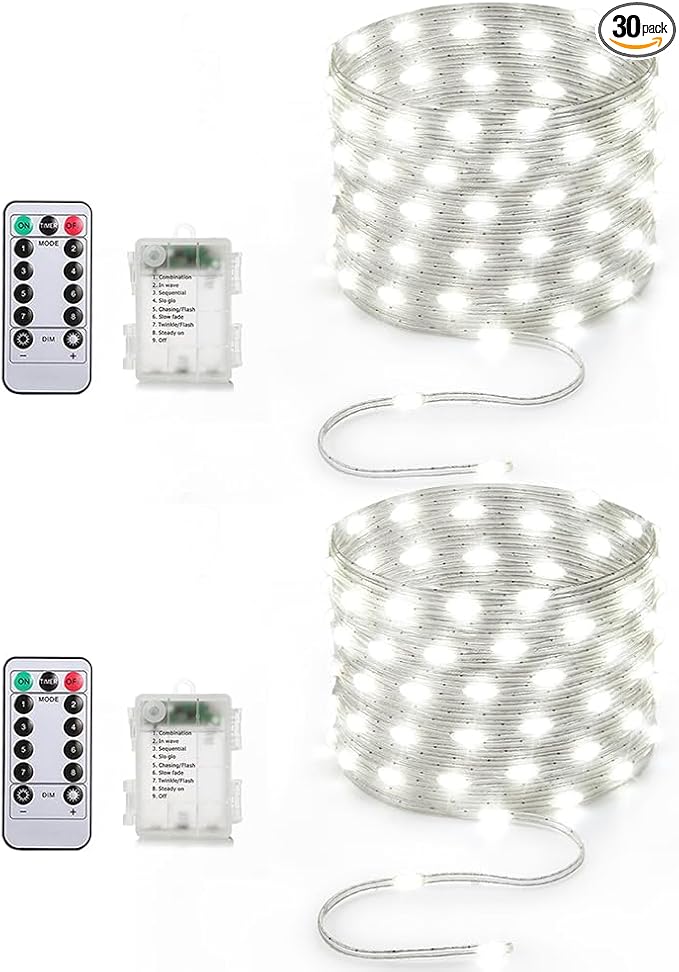 16.5ft Battery Operated String Lights (2 Pack), 50 LED Fairy String Lights Battery Powered with Remote & Timer for Indoor Outdoor Christmas Trees Wreath Decoration Bedroom Patio - Cool White