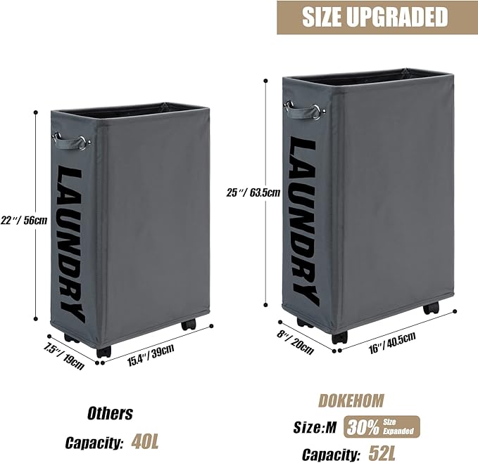 DOKEHOM 25-Inches Slim Laundry Basket on Wheels, Collapsible Rolling Laundry Hamper, Foldable Narrow Corner Clothes Storage Bins (Dark Grey)