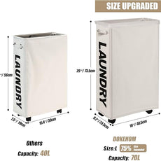 DOKEHOM 29-Inches Enlarged Slim Laundry Basket with Removable Wash Bag on Wheels, Collapsible Rolling Laundry Hamper, Foldable Narrow Corner Clothes Storage Bins (Beige)