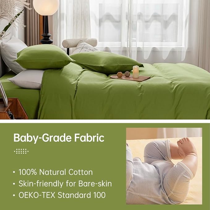 JELLYMONI Christams Duvet Cover Full Size - 100% Washed Cotton Linen Like Textured Comforter Cover, 3 Pieces Lightweight Soft Bedding Set with Zipper Closure (Avocado Green, Full 80"x90")