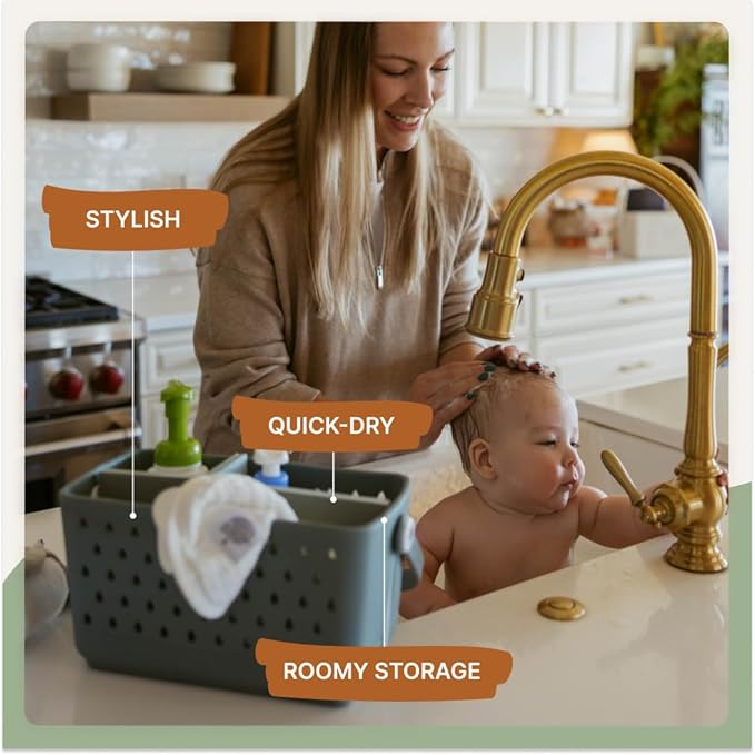 Parker Baby Large Bath Caddy | BPA Free & Food Grade Shower Caddy Organizer for Toys & Supplies | Quick-Dry, Sturdy & Perfect Size Shower Basket w/ Handle in Neutral Colors