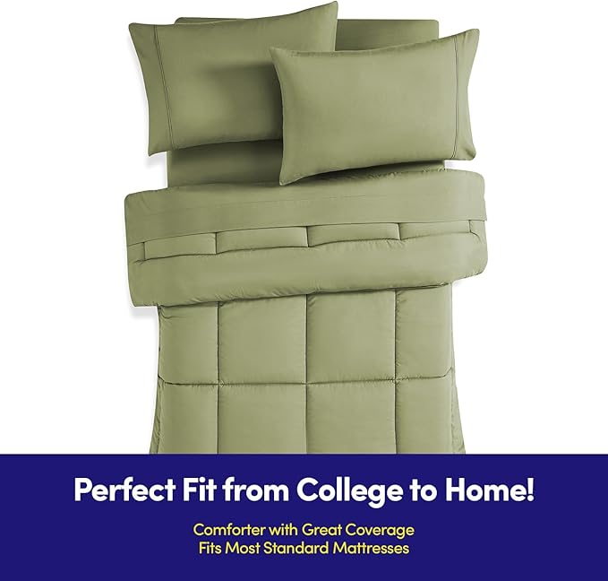 Dorm Room Essentials College Bedding Comforter Set 7 Piece Full Size Bed in a Bag for College Students Boys and Girls, Full, Sage Green