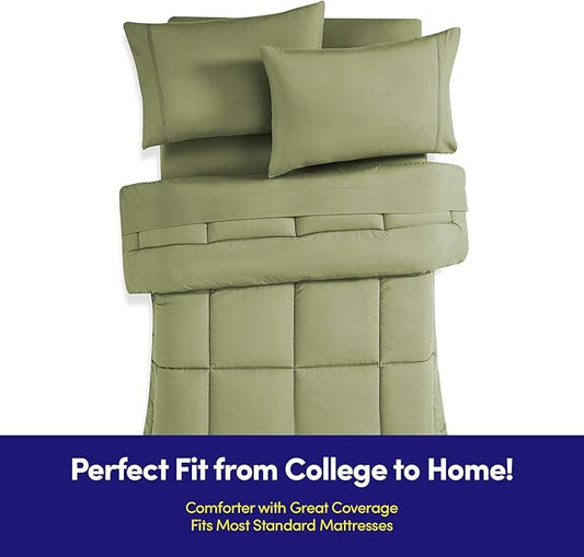 Dorm Room Essentials College Bedding Comforter Set 5 Piece Twin Size Bed in a Bag for College Students Boys and Girls, Twin, Sage Green