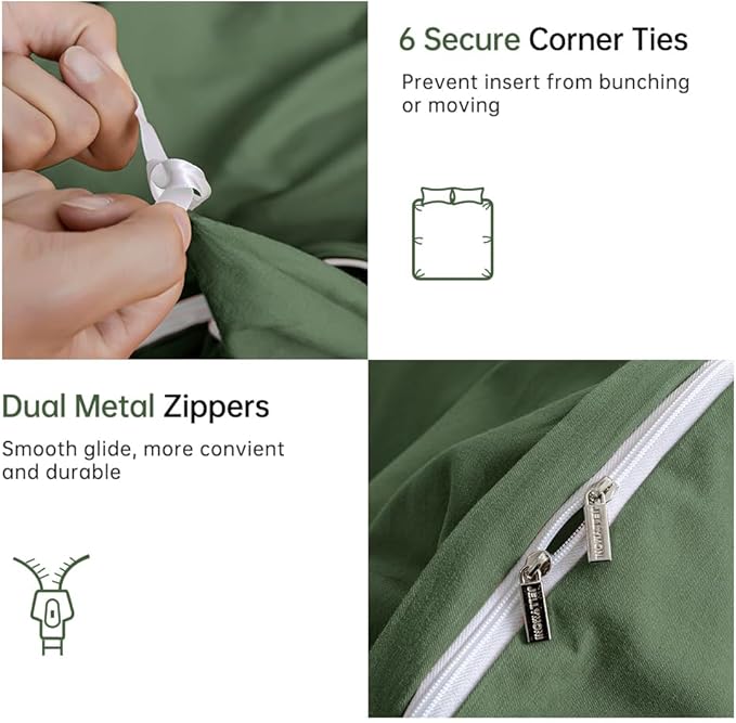 JELLYMONI Green Duvet Cover King Size - 100% Washed Cotton Linen Like Textured Comforter Cover, 3 Pieces Breathable Soft Bedding Set with Zipper Closure (Green, King 104"x90")