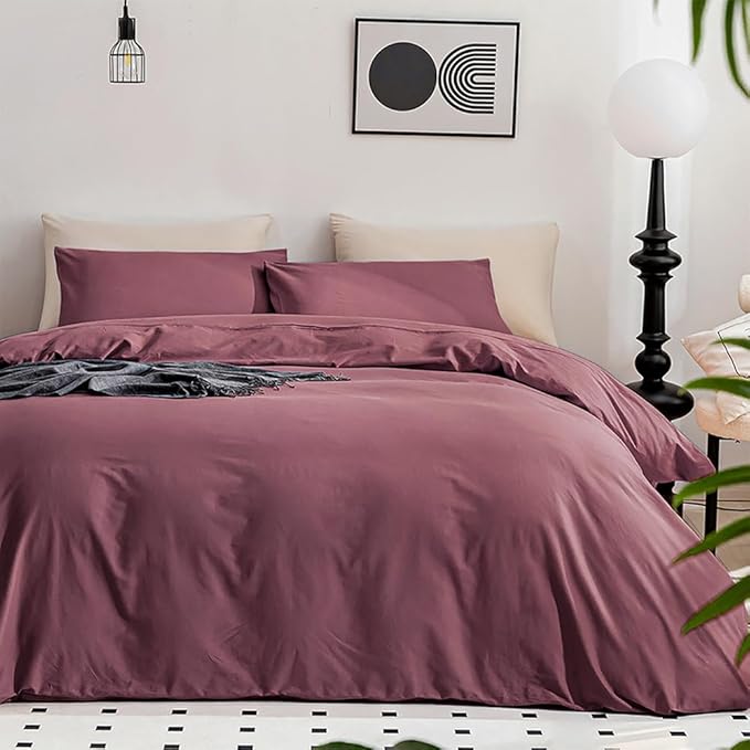 JELLYMONI Plum Duvet Cover Full Size - 100% Washed Cotton Linen Like Textured Comforter Cover, 3 Pieces Breathable Soft Bedding Set with Zipper Closure (Plum, 80"x90")