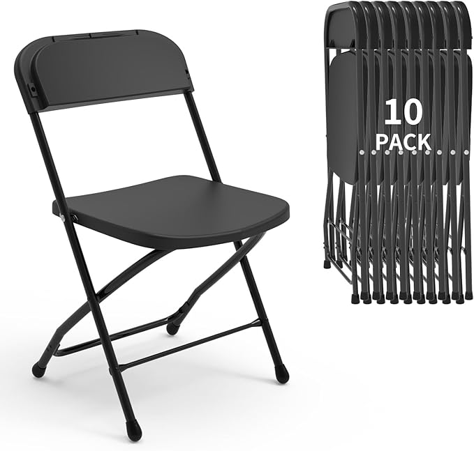 SHGJ&SOFT 10 Pack Folding Chairs, 350LBS Sturdy Metal Steel Frame Foldable Chairs, Heavy Duty Plastic Commercial Seating for Indoor, Outdoor, Party, Wedding, Patio, Office, Picnic (Black, 10-Pack)