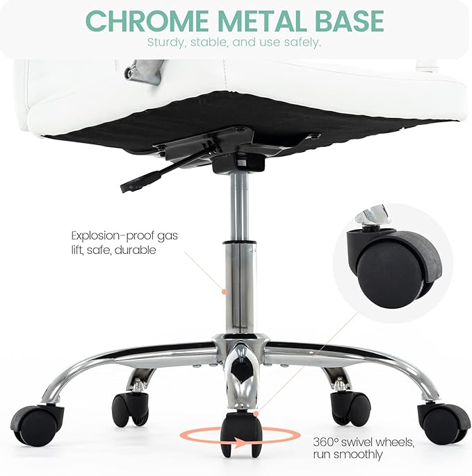 High Back Desk Chair, Modern PU Leather Home Office Task Chair with Arms, Adjustable Swivel Computer Executive Chair with Wheels (Pearl White)