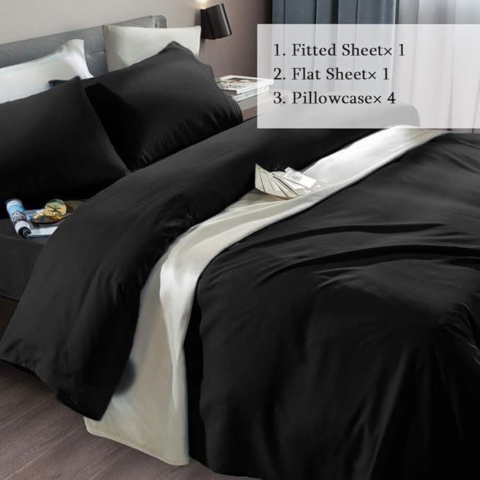 SONORO KATE Bed Sheet Set Super Soft Microfiber 1800 Thread Count Luxury Egyptian Sheets Fit 18-24 Inch Deep Pocket Mattress Wrinkle-6 Piece (Black, King)