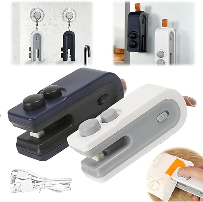 Mini Bag Sealer, 2-in-1 Rechargeable Magnetic Food Sealer & Cutter, USB Portable Handheld Heat Sealing Tool for Snacks, Chips, Vegetables to Keep Food Fresh (White+Blue,2PCS)