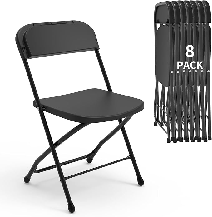SHGJ&SOFT Set of 8 Folding Chairs, Plastic Seat and Backrest, Black Metal Frame Chair, Suitable for Indoor and Outdoor,Capacity 350 lbs (Black, 8-Pack)