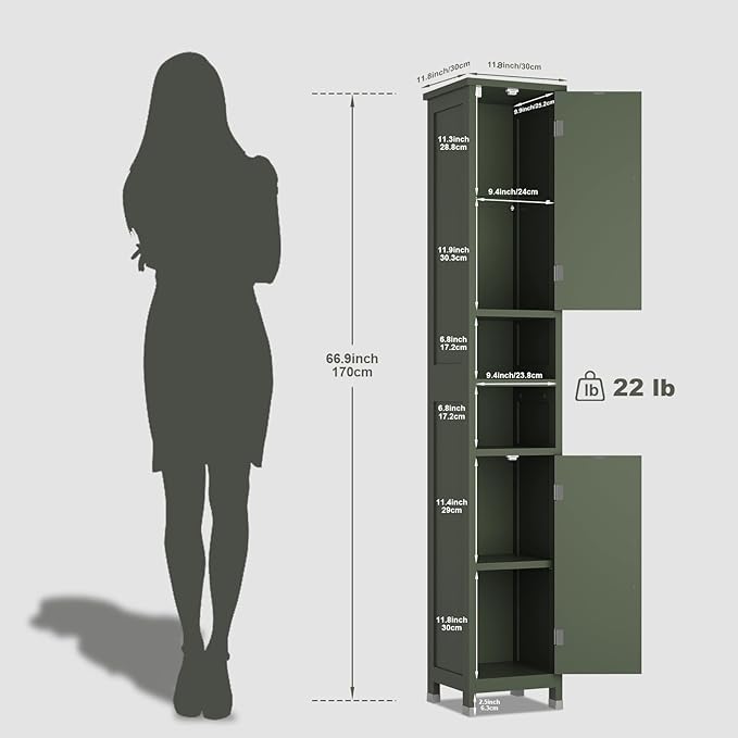 67" Tall Bathroom Storage Cabinet with Lights, Slim Narrow Bathroom Cabinet Organizer with Doors and Adjustable Shelves, Tall Cabinet for Small Space (66.9" Tall-Green with Light, 1 Pack)