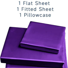 Satin Bed Linen Set, 3Pcs Luxury Silky Soft Twin XL Sheets with Deep Pocket Fitted Sheet, Wrinkle-Free, Dark Purple