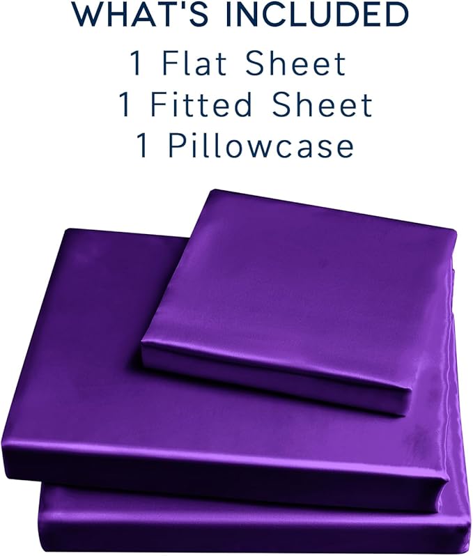 Satin Sheets Twin Size - 3 Pieces Luxury Silky Soft Bed Sheets for Kids, Wrinkle-Free Dark Purple Satin Silk Sheet Set with 1 Deep Pocket Fitted Sheet, 1 Flat Sheet, 1 Pillow case