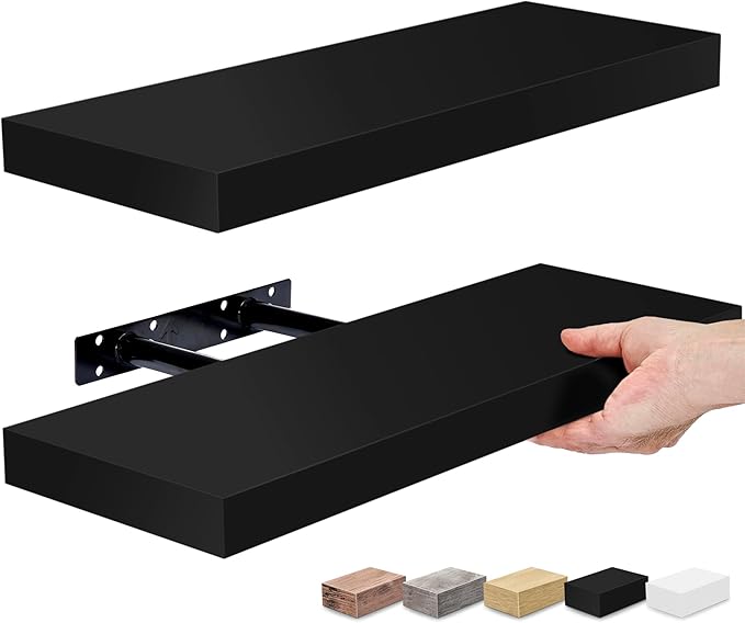 Sorbus Floating Shelves for Wall - Set of 2 Black Wood Wall Shelves for Living Room, Kitchen, Bedroom, Bathroom Storage - 16" Book Shelf for Wall Decor, Home Decor, Farmhouse, Frames & Trophy Display