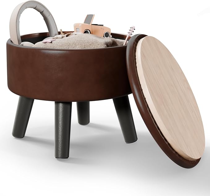 Small Foot Stool Ottoman with Storage, Faux Leather Ottoman Foot Rest for Couch, Round Footstool Ottomans for Living Room (Brown)