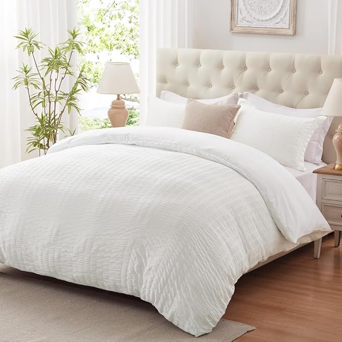 Cozyide White Duvet Cover Full Size, 3 Pieces Bedding Duvet Covers, Soft Breathable Seersucker Duvet Cover Set with Zipper Closure and Corner Ties (1 Duvet Cover 80"x90" + 2 Pillow Shams 20"x26")