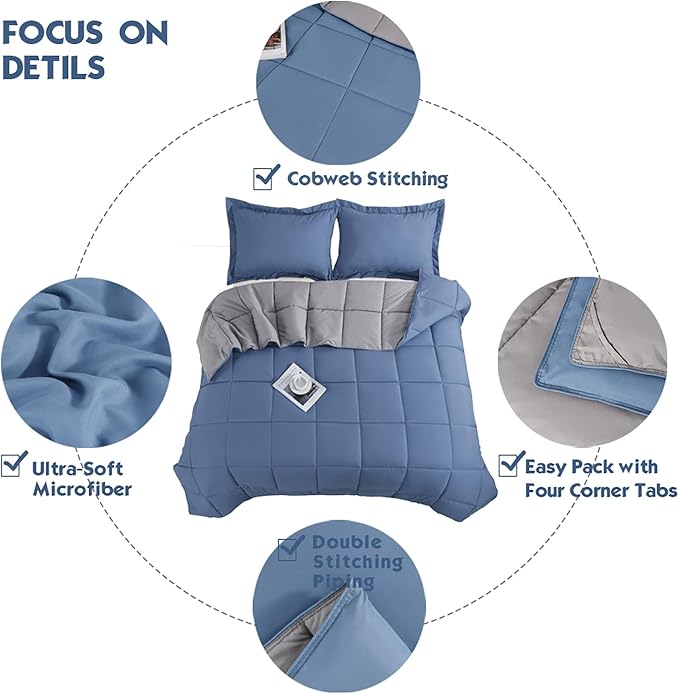 HIG 3pc Dusty Blue King Size Comforter Set - All Season Reversible Down Alternative Comforter with Sham - Quilted Duvet Insert with Corner Tabs - Box Stitched Blanket - Breathable, Soft, Fluffy