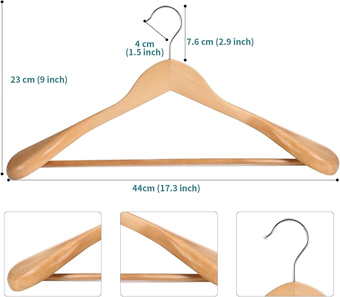 Solid Wood Suit Hangers, 10 Pack, Coat Hangers with Non Slip Trouser Bar, 360° Swivel Hook, Heavy Duty Wide Hangers for Suit, Coat, Jacket, Trousers, Pants,17.3" W x 9" H, Dark Walnut AWY0410N