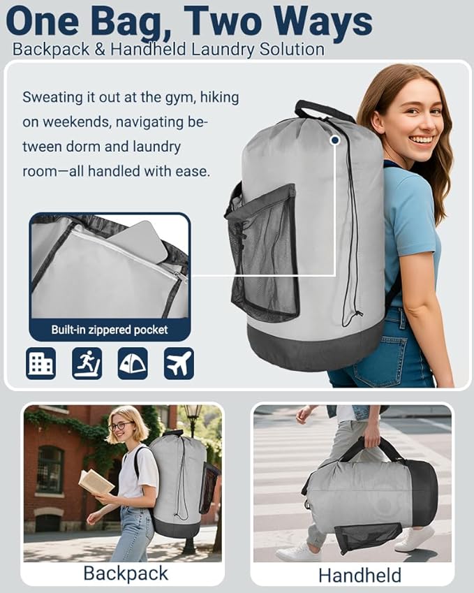 Laundry Bag with Shoulder Straps and Mesh Pocket Laundry Backpack Large Portable Laundry Hamper for College Laundromat Apartment